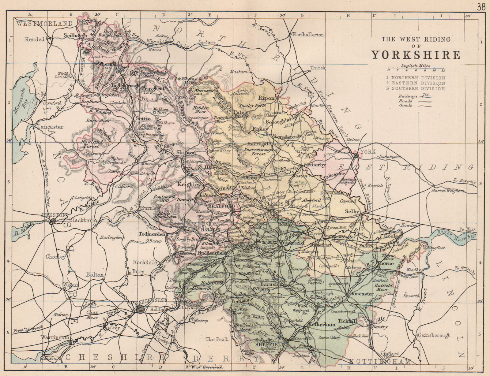 YORKSHIRE WEST RIDING. County map. Railways canals. Constituencies. PHILIP 1882
